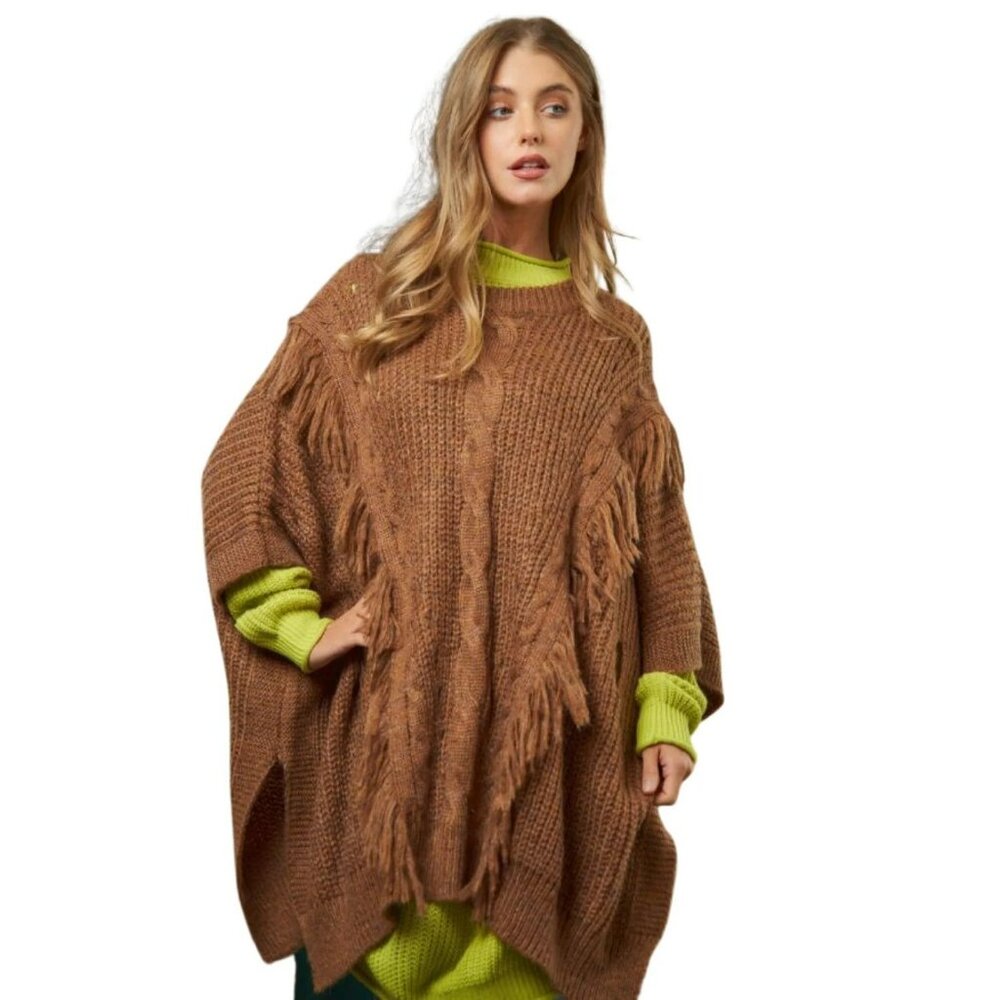 NWT CAMEL FRINGE BELTED PULLOVER PANCHO Sweater Size S/M